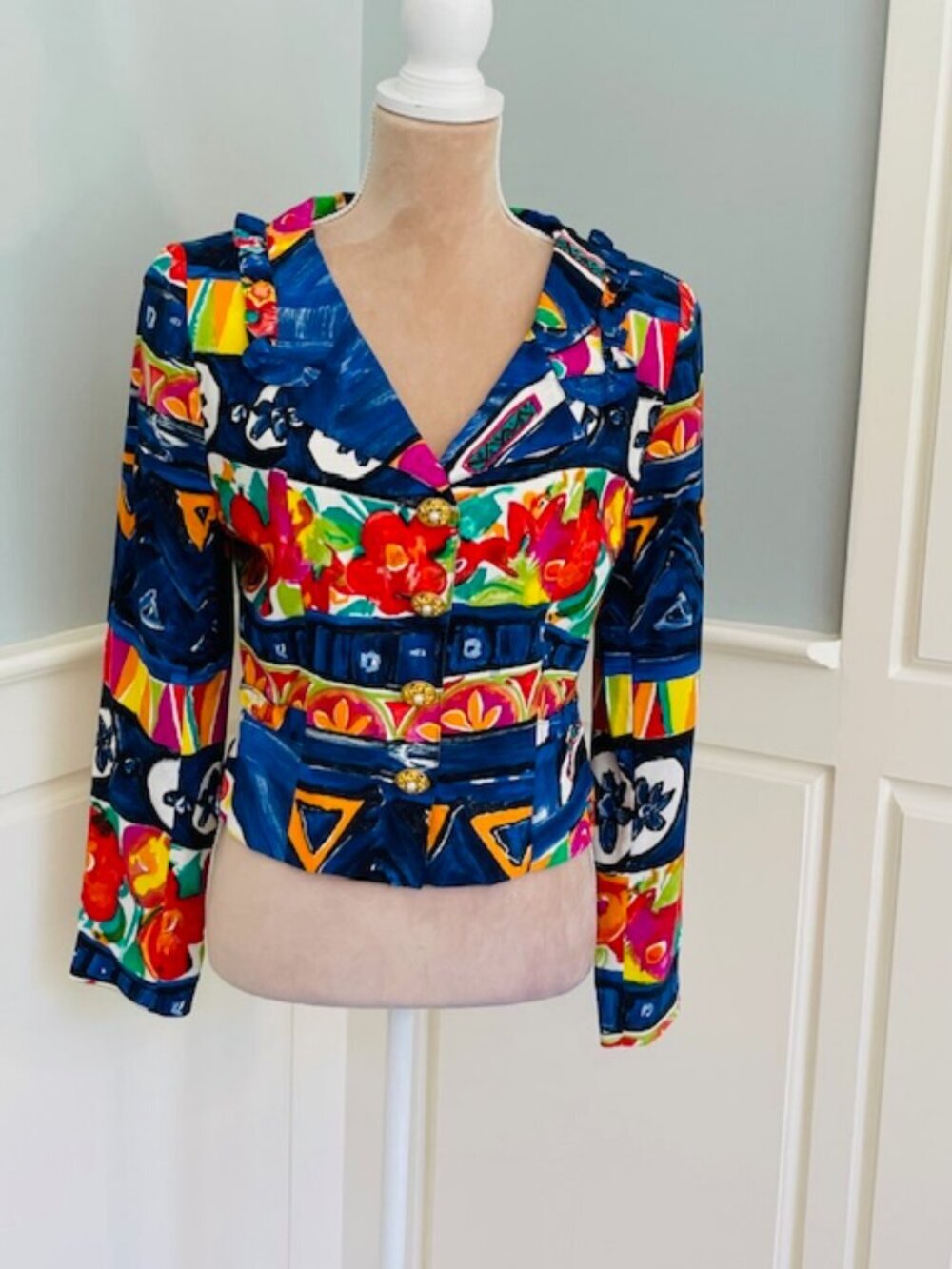 Vintage 90s Abstract Floral Ruffle Blazer Jacket Pearl Gold Buttons Whimsigoth S - Picture 2 of 10